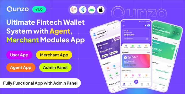 Qunzo – Fintech Wallet App with User, Agent and Merchant Modules Including Admin Panel