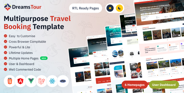 DreamsTour - Html, React, Angular, Vue, Laravel Tour Travel Booking Bootstrap 5 Template